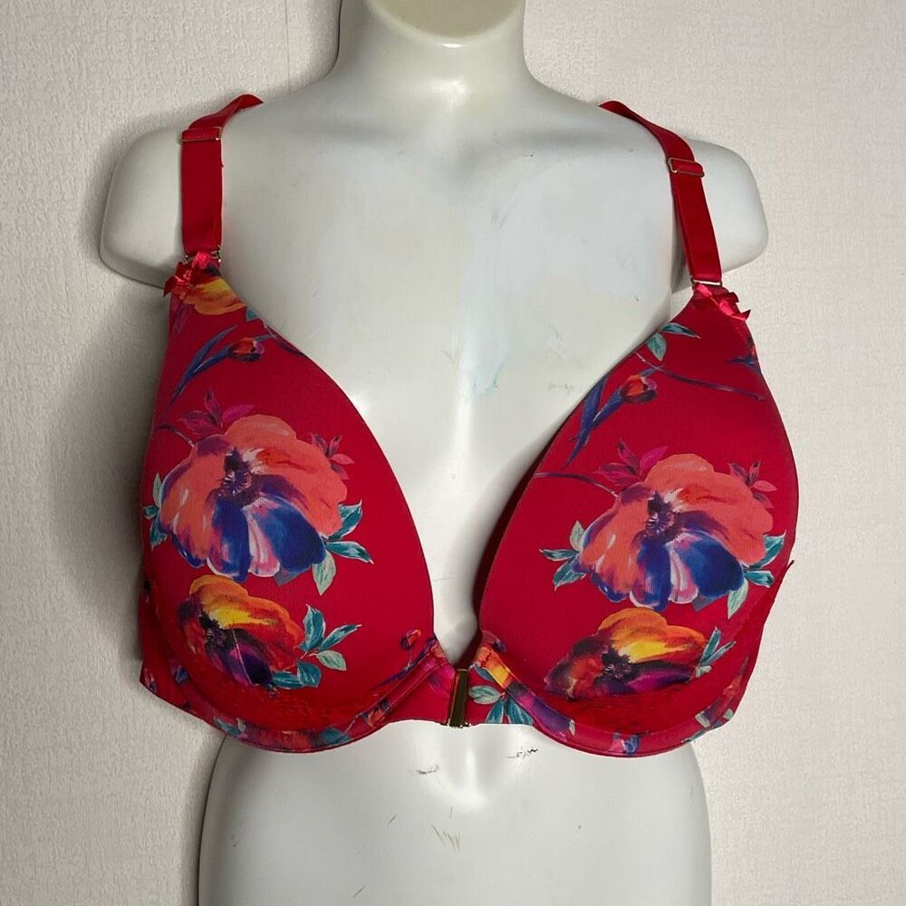 Cacique Seriously Sexy Bra 42DD Boost Plunge Underwire Red Floral Front Closure - Picture 8 of 12